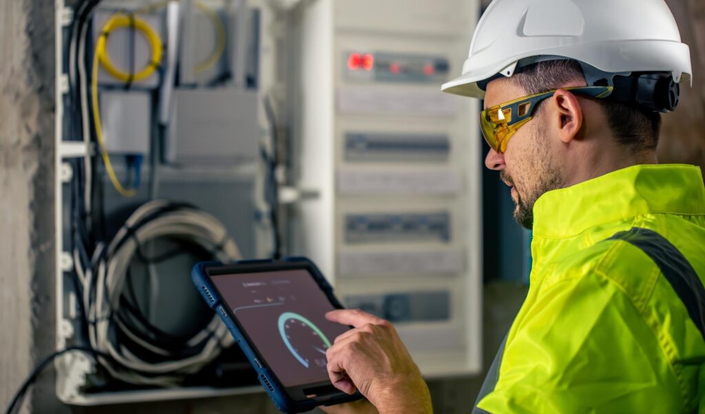 man electrical technician working switchboard with fuses uses tablet 169016 24222